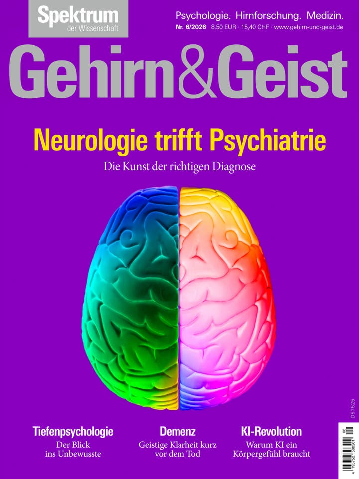 Titelbild der Zeitschrift "Gehirn&Geist" mit dem Thema "Neurologie trifft Psychiatrie". Im Zentrum ist ein stilisiertes, farbenfrohes Gehirn abgebildet, das in verschiedenen Farben leuchtet. Oben steht der Titel der Ausgabe, darunter der Untertitel "Die Kunst der richtigen Diagnose". Am unteren Rand sind Themen wie Tiefenpsychologie, Demenz und KI-Revolution aufgef&uuml;hrt. Die Hintergrundfarbe ist lila.