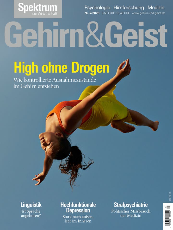Eine Frau in einem orangefarbenen Oberteil und gelber Hose f&uuml;hrt einen Salto in der Luft aus, vor einem blauen Himmel. Der Text auf dem Bild lautet: &bdquo;Gehirn&Geist&ldquo;, &bdquo;High ohne Drogen&ldquo;, &bdquo;Wie kontrollierte Ausnahmezust&auml;nde im Gehirn entstehen&ldquo;. Weitere Themen sind &bdquo;Linguistik: Ist Sprache angeboren?&ldquo;, &bdquo;Hochfunktionale Depression: Stark nach au&szlig;en, leer im Inneren&ldquo; und &bdquo;Strafpsychiatrie: Politischer Missbrauch der Medizin&ldquo;. Oben links steht &bdquo;Spektrum der Wissenschaft&ldquo;.