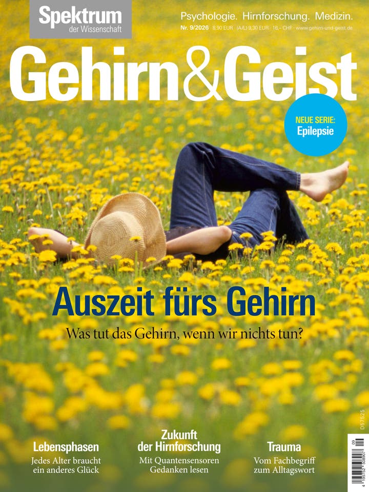 Titelbild der Zeitschrift "Gehirn&Geist" mit einer Person, die entspannt in einem Feld voller gelber Blumen liegt. Die Person tr&auml;gt Jeans und h&auml;lt einen Strohhut. Oben links steht "Spektrum der Wissenschaft", und oben rechts sind Themen wie Psychologie und Hirnforschung erw&auml;hnt. Der Haupttitel lautet "Auszeit f&uuml;rs Gehirn" mit dem Untertitel "Was tut das Gehirn, wenn wir nichts tun?". Eine blaue Blase rechts k&uuml;ndigt eine neue Serie &uuml;ber Epilepsie an. Unten sind weitere Themen wie Lebensphasen, Zukunft der Hirnforschung und Trauma aufgef&uuml;hrt.