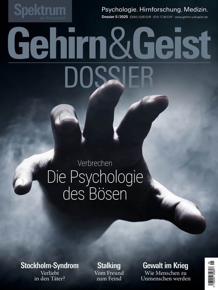 Eine Zeitschriftencover mit dem Titel "Gehirn & Geist Dossier". Im Vordergrund ist eine Hand, die aus dem Nebel greift. Der Haupttext lautet "Verbrechen: Die Psychologie des Bösen". Oben links steht "Spektrum der Wissenschaft". Weitere Themen auf dem Cover sind "Stockholm-Syndrom", "Stalking" und "Gewalt im Krieg". Oben rechts sind Preisangaben und eine Website-URL.