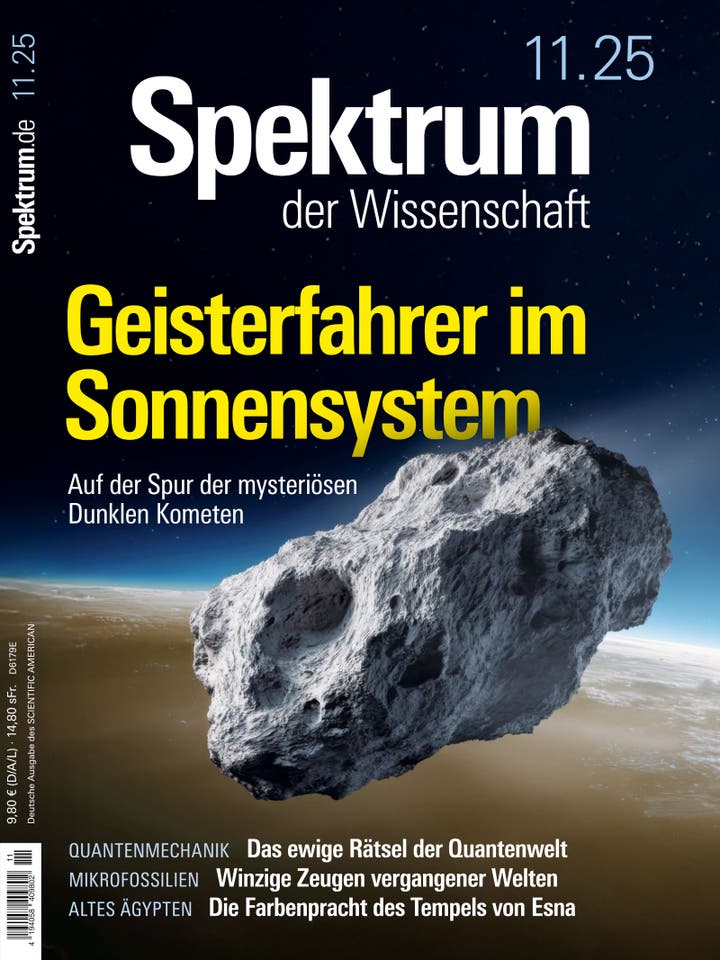 Titelbild der Zeitschrift "Spektrum der Wissenschaft" mit einem großen Asteroiden im Weltraum. Der Titel lautet "Geisterfahrer im Sonnensystem", gefolgt von "Auf der Spur der mysteriösen Dunklen Kometen". Weitere Themen auf dem Cover sind Quantenmechanik, Mikrofossilien und Altes Ägypten. Der Hintergrund zeigt einen Sternenhimmel und die Erde.