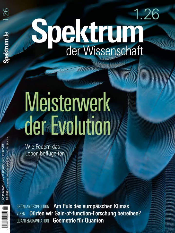 Cover der Zeitschrift "Spektrum der Wissenschaft" mit dem Titel "Meisterwerk der Evolution". Das Bild zeigt eine Nahaufnahme von blauen Federn. Text auf dem Cover: "Wie Federn das Leben beflügelten". Weitere Themen: "Grönlandexpedition", "Am Puls des europäischen Klimas", "Viren", "Dürfen wir Gain-of-function-Forschung betreiben?", "Quantengravitation", "Geometrie für Quanten".