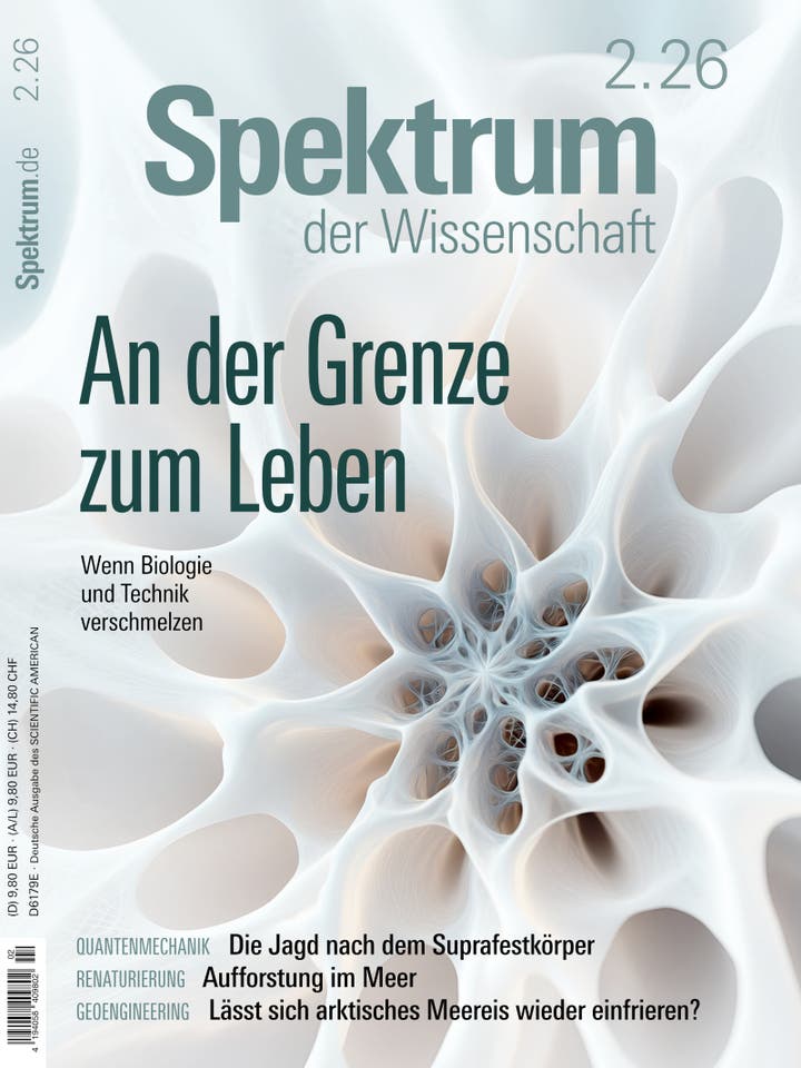 Titelbild der Zeitschrift "Spektrum der Wissenschaft" mit dem Titel "An der Grenze zum Leben". Das Bild zeigt eine abstrakte, organische Struktur in Wei&szlig;- und Beiget&ouml;nen, die an Zellgewebe erinnert. Text auf dem Cover: "Wenn Biologie und Technik verschmelzen". Weitere Themen: "Quantenmechanik: Die Jagd nach dem Suprafestk&ouml;rper", "Renaturierung: Aufforstung im Meer", "Geoengineering: L&auml;sst sich arktisches Meereis wieder einfrieren?". Links ist die Ausgabe- und Preisangabe zu sehen.