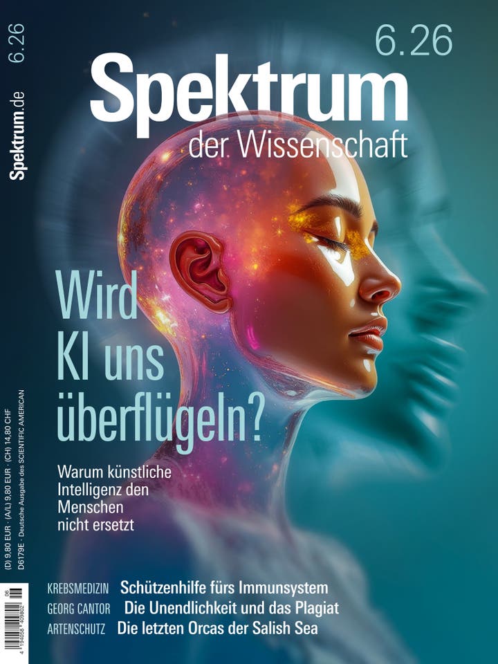 Cover der Zeitschrift "Spektrum der Wissenschaft" Ausgabe 6.26. Im Vordergrund ein k&uuml;nstlerisch gestaltetes Profil eines menschlichen Kopfes mit leuchtenden, kosmischen Elementen im Gehirnbereich, symbolisierend k&uuml;nstliche Intelligenz. Der Text "Wird KI uns &uuml;berfl&uuml;geln? Warum k&uuml;nstliche Intelligenz den Menschen nicht ersetzt" ist prominent platziert. Weitere Themen: "Sch&uuml;tzenhilfe f&uuml;rs Immunsystem", "Die Unendlichkeit und das Plagiat", "Die letzten Orcas der Salish Sea". Links vertikal der Schriftzug "Spektrum.de".