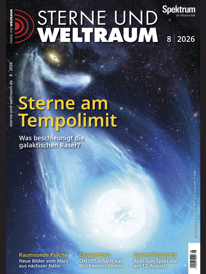 Titelbild der Zeitschrift "Sterne und Weltraum" Ausgabe 8/2026. Das Bild zeigt eine k&uuml;nstlerische Darstellung des Weltraums mit einem hell leuchtenden Stern und einem umgebenden Nebel. Der Titel "Sterne am Tempolimit" und der Untertitel "Was beschleunigt die galaktischen Raser?" sind in gelber Schrift &uuml;ber dem Bild platziert. Oben rechts steht "Spektrum der Wissenschaft". Unten sind Themen wie "Raumsonde Psyche", "Exoplaneten" und "Sonnenfinsternis" aufgef&uuml;hrt.
