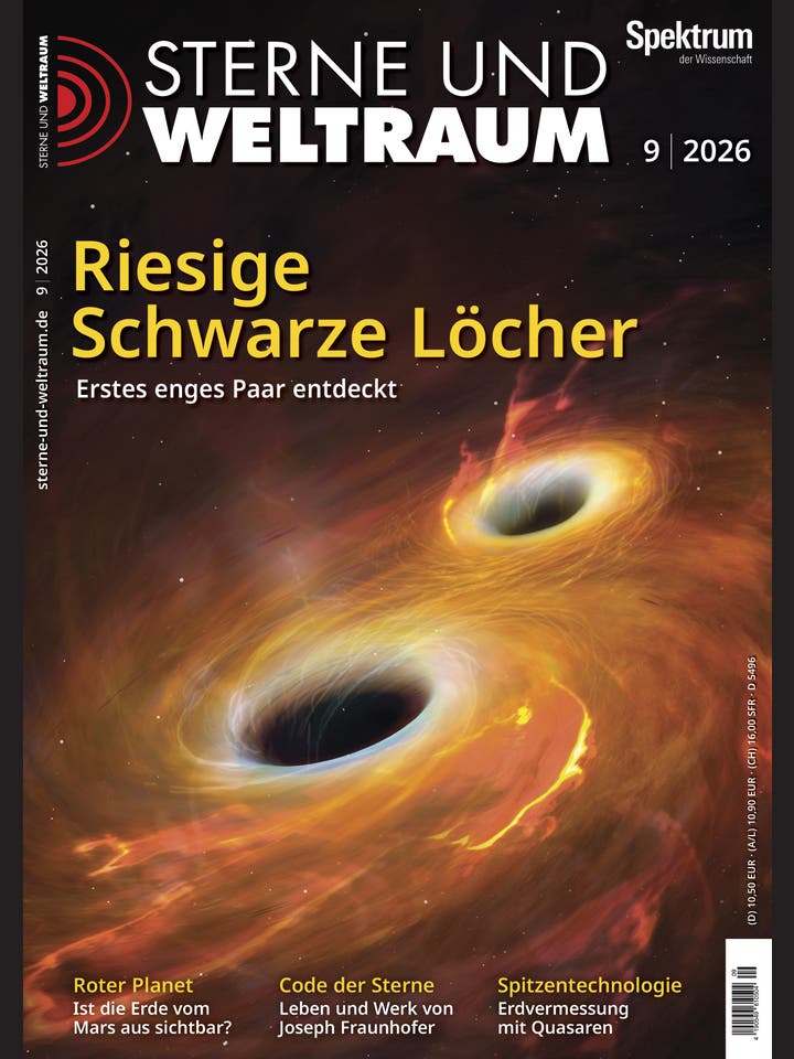 Titelbild der Zeitschrift "Sterne und Weltraum", Ausgabe 9/2026. Das Bild zeigt eine k&uuml;nstlerische Darstellung von zwei riesigen Schwarzen L&ouml;chern im Weltraum, umgeben von leuchtenden Akkretionsscheiben. Der Text auf dem Cover hebt die Entdeckung des ersten engen Paares Schwarzer L&ouml;cher hervor. Oben links steht der Titel der Zeitschrift, oben rechts das Logo von "Spektrum der Wissenschaft". Unten sind Themen wie "Roter Planet" und "Spitzentechnologie" erw&auml;hnt.