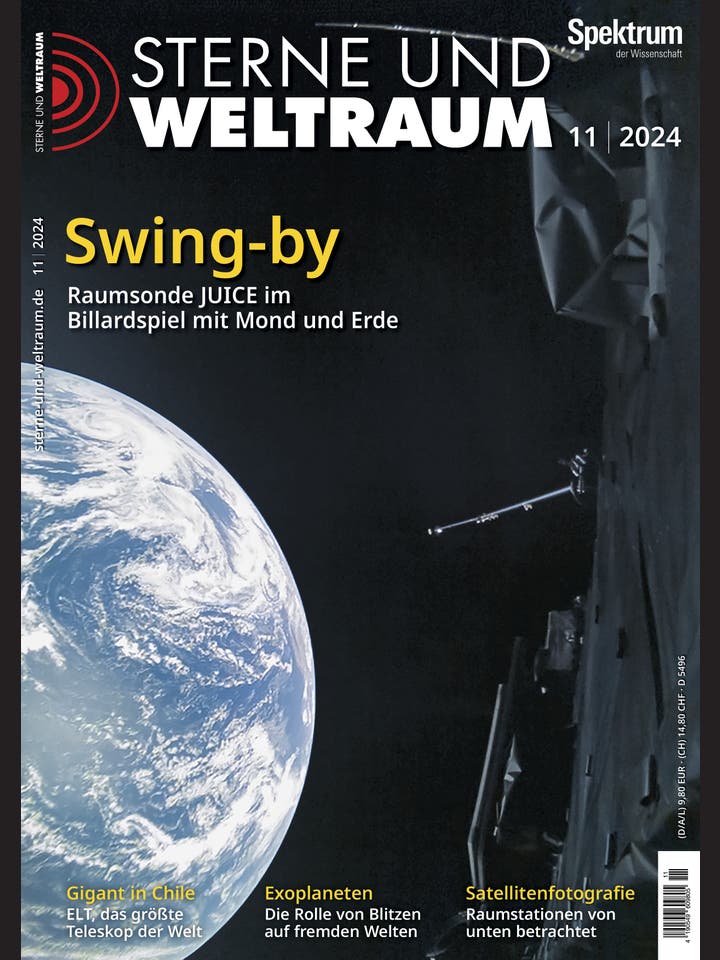 Sterne und Weltraum – 11/2024 – Swing-by – Raumsonde JUICE spielt Billard mit Mond und Erde