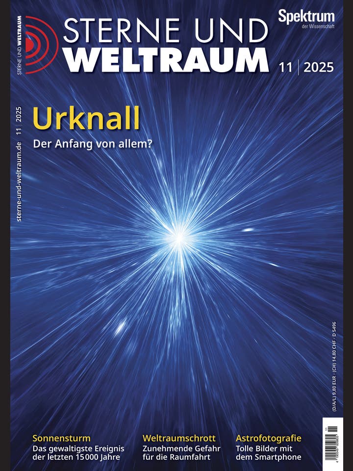 Titelbild der Zeitschrift "Sterne und Weltraum", Ausgabe 11/2025. Im Zentrum des Bildes ist eine künstlerische Darstellung des Urknalls zu sehen, die durch strahlenförmig ausgehende Lichtlinien in Blau- und Weißtönen dargestellt wird. Oben links steht der Titel der Zeitschrift, und darunter der Text "Urknall: Der Anfang von allem?". Unten sind die Themen "Sonnensturm", "Weltraumschrott" und "Astrofotografie" aufgeführt.