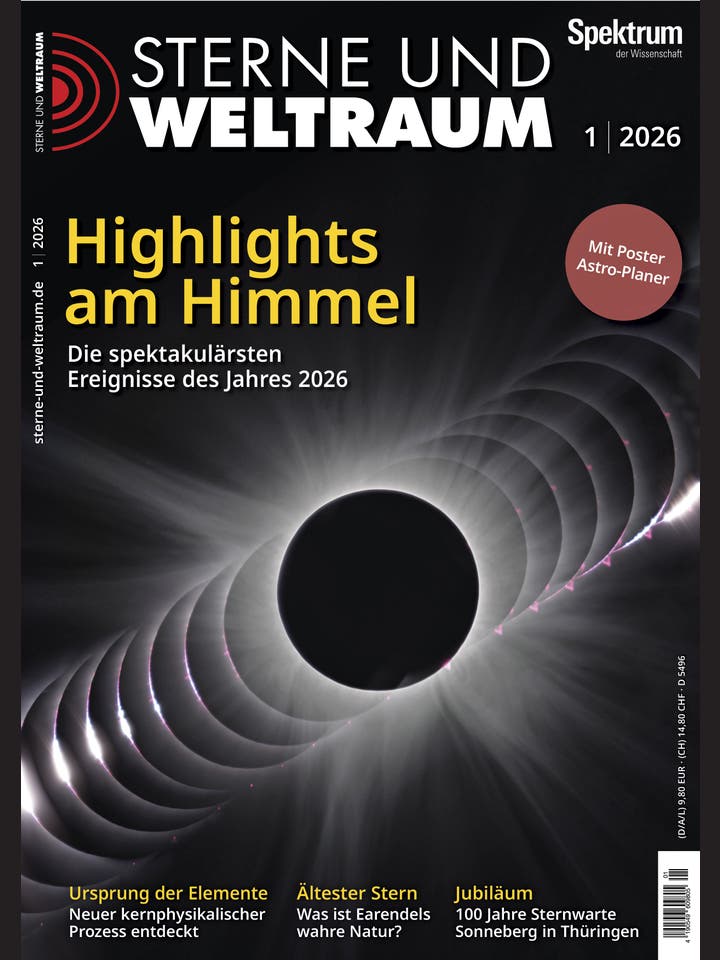 Titelbild des Magazins "Sterne und Weltraum" Ausgabe 1/2026. Das Bild zeigt eine Fotomontage einer Sonnenfinsternis mit mehreren Phasen der Bedeckung. Der Text "Highlights am Himmel: Die spektakulärsten Ereignisse des Jahres 2026" ist prominent platziert. Oben rechts befindet sich ein Hinweis auf enthaltenen Astro-Planer 2026. Das Design vermittelt ein Gefühl von kosmischer Faszination und wissenschaftlicher Neugier.