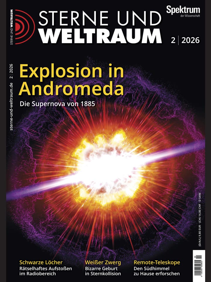 Titelbild des Magazins "Sterne und Weltraum", Ausgabe 2/2026. Im Zentrum ist eine k&uuml;nstlerische Darstellung einer Supernova-Explosion zu sehen. Die Explosion ist in leuchtenden Farben dargestellt, mit einem hellen Zentrum und strahlenden Linien, die nach au&szlig;en verlaufen. Oben links steht der Titel des Magazins "Explosion in Andromeda &ndash; Die Supernova von 1885", und rechts oben das Logo von "Spektrum der Wissenschaft". Unten sind die Themen "Schwarze L&ouml;cher", "Wei&szlig;er Zwerg" und "Remote-Teleskope" aufgef&uuml;hrt.