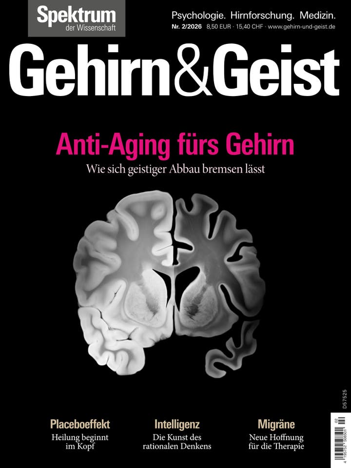 Titelbild der Zeitschrift "Gehirn&Geist" mit dem Thema "Anti-Aging f&uuml;rs Gehirn". Im Zentrum ist ein anatomisches Diagramm eines Gehirns in Schwarz-Wei&szlig; zu sehen. Oben steht der Titel der Ausgabe, darunter der Untertitel "Wie sich geistiger Abbau bremsen l&auml;sst" in pinker Schrift. Unten sind Themen wie "Placeboeffekt", "Intelligenz" und "Migr&auml;ne" aufgef&uuml;hrt. Oben links das Logo "Spektrum der Wissenschaft".