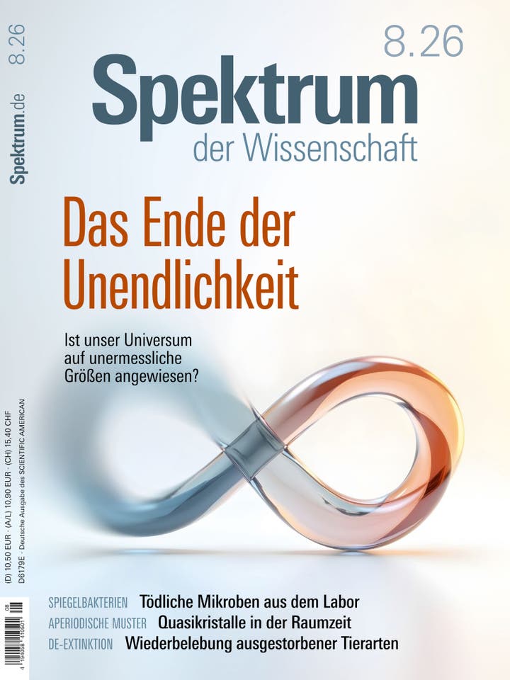 Titelbild der Zeitschrift "Spektrum der Wissenschaft", Ausgabe 8.26. Im Zentrum steht ein gro&szlig;es, k&uuml;nstlerisch gestaltetes Unendlichkeitszeichen in Blau- und Oranget&ouml;nen. Der Haupttitel lautet "Das Ende der Unendlichkeit" mit der Frage "Ist unser Universum auf unermessliche Gr&ouml;&szlig;en angewiesen?" Weitere Themen sind "Spiegelbakterien", "Aperiodische Muster" und "De-Extinktion". Links sind Preisangaben und die URL "Spektrum.de" zu sehen.