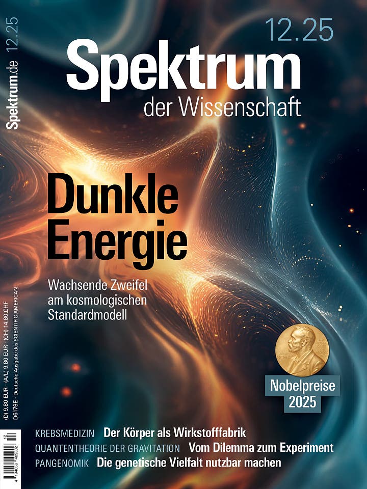 Titelbild der Zeitschrift "Spektrum der Wissenschaft" mit dem Hauptthema "Dunkle Energie". Im Hintergrund sind abstrakte, wirbelnde Formen in Blau- und Orangetönen zu sehen, die eine kosmische Atmosphäre erzeugen. Text auf dem Cover: "Wachsende Zweifel am kosmologischen Standardmodell", "Nobelpreise 2025", sowie weitere Themen wie "Krebsmedizin", "Quantentheorie der Gravitation" und "Pangenomik".