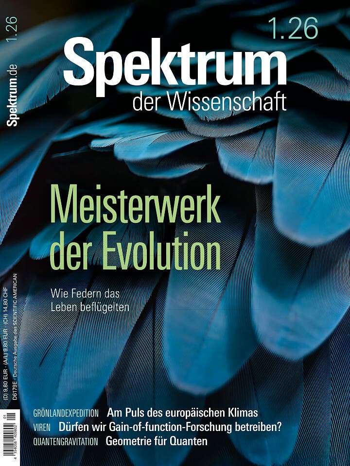 Cover der Zeitschrift "Spektrum der Wissenschaft" mit dem Titel "Meisterwerk der Evolution". Das Bild zeigt eine Nahaufnahme von blauen Federn. Text auf dem Cover: "Wie Federn das Leben beflügelten". Weitere Themen: "Grönlandexpedition", "Am Puls des europäischen Klimas", "Viren", "Dürfen wir Gain-of-function-Forschung betreiben?", "Quantengravitation", "Geometrie für Quanten".