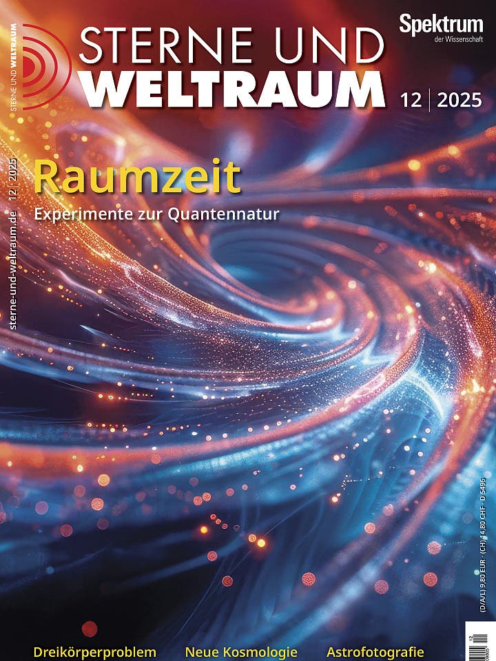 Titelbild der Zeitschrift "Sterne und Weltraum" für Dezember 2025. Das Bild zeigt eine künstlerische Darstellung der Raumzeit mit wirbelnden, leuchtenden Linien in Blau- und Orangetönen, die ein dynamisches, kosmisches Muster bilden. Der Text "Raumzeit: Experimente zur Quantennatur" ist prominent platziert. Weitere Themen sind "Dreikörperproblem", "Neue Kosmologie" und "Astrofotografie". Oben rechts das Logo von "Spektrum der Wissenschaft".