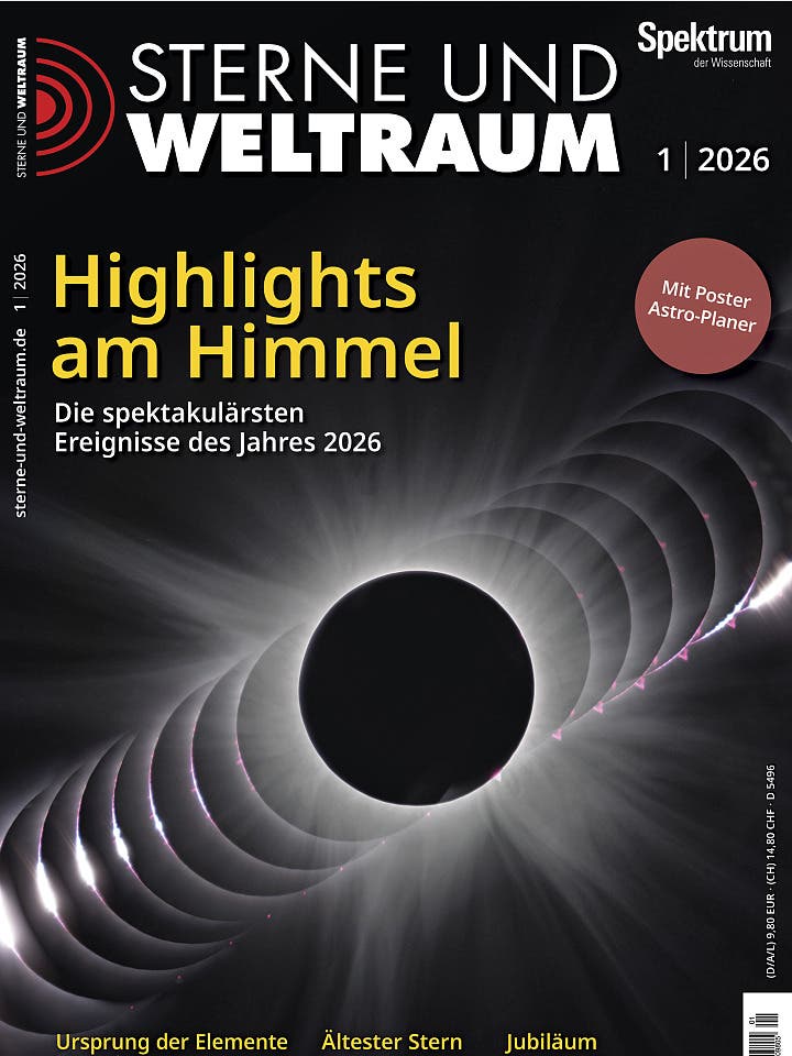 Titelbild des Magazins "Sterne und Weltraum" Ausgabe 1/2026. Das Bild zeigt eine Fotomontage einer Sonnenfinsternis mit mehreren Phasen der Bedeckung. Der Text "Highlights am Himmel: Die spektakulärsten Ereignisse des Jahres 2026" ist prominent platziert. Oben rechts befindet sich ein Hinweis auf enthaltenen Astro-Planer 2026. Das Design vermittelt ein Gefühl von kosmischer Faszination und wissenschaftlicher Neugier.