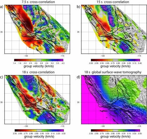Karte von  Oberflächenwellen unterschiedlicher Geschwindigkeit , südliches Kalifornien