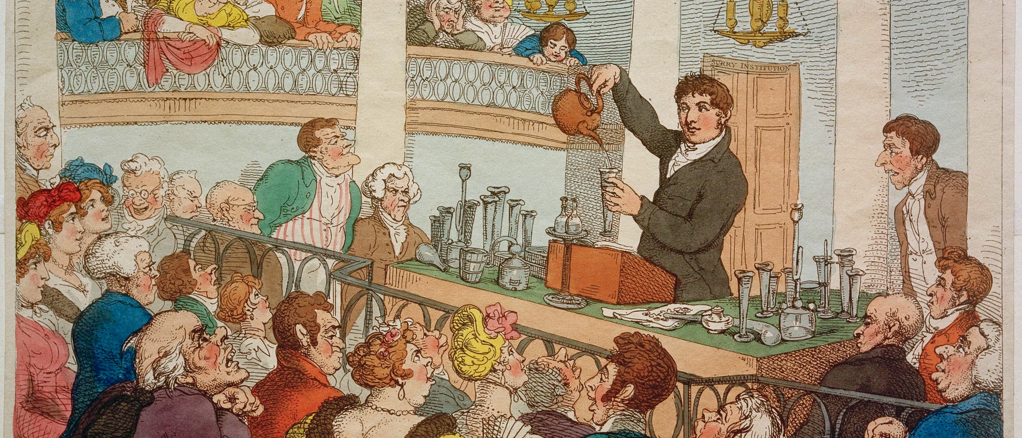 Friedrich Accum bei einer Chemie-Darbietung im Surrey Institute in London. Karikatur von Thomas Rowlandson, um 1810. Friedrich Accum bei einer Chemie-Darbietung im Surrey Institute in London. Karikatur von Thomas Rowlandson, um 1810.