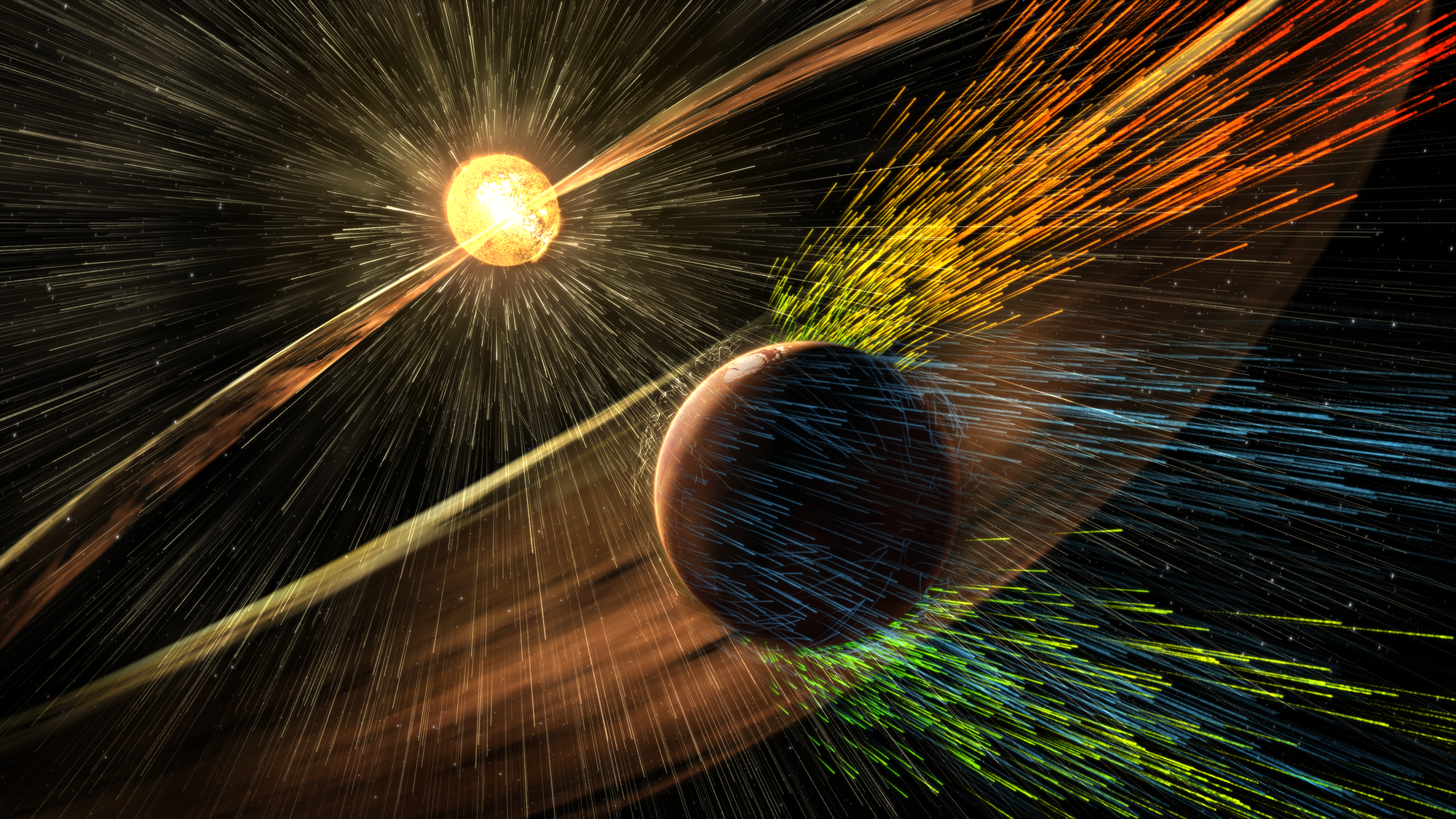 Sonneneruption trifft auf den Mars (künstlerische Darstellung)