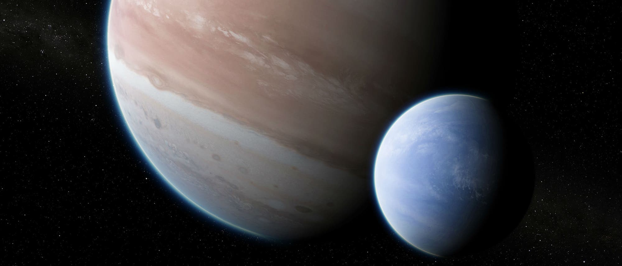 Künstlerische Darstellung eines Exomondes. Sieht aus wie zwei Gasplaneten nebeneinander. Künstlerische Darstellung eines Exomondes. Sieht aus wie zwei Gasplaneten nebeneinander.