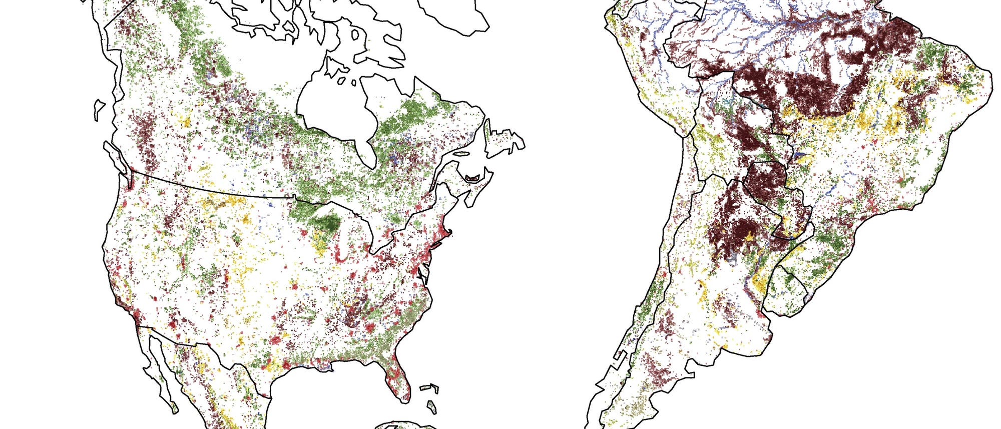 Eine Karte der Landschaftsveränderungen auf dem amerikanischen Kontinent zwischen 1992 und 2015 Eine Karte der Landschaftsveränderungen auf dem amerikanischen Kontinent zwischen 1992 und 2015