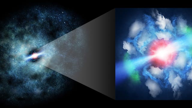 Künstlerische Darstellung: Ein Schwarzes Loch feuert Jets durch Gaswolken