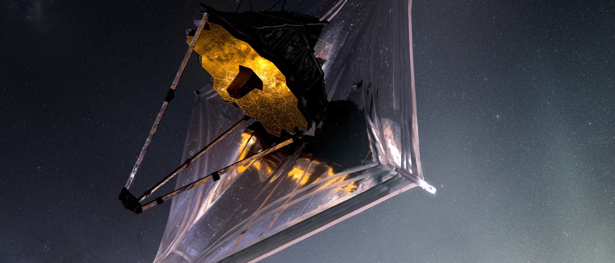 Diese Computersimulation zeigt das im All entfaltete James Webb Space Telescope. Diese Computersimulation zeigt das im All entfaltete James Webb Space Telescope.