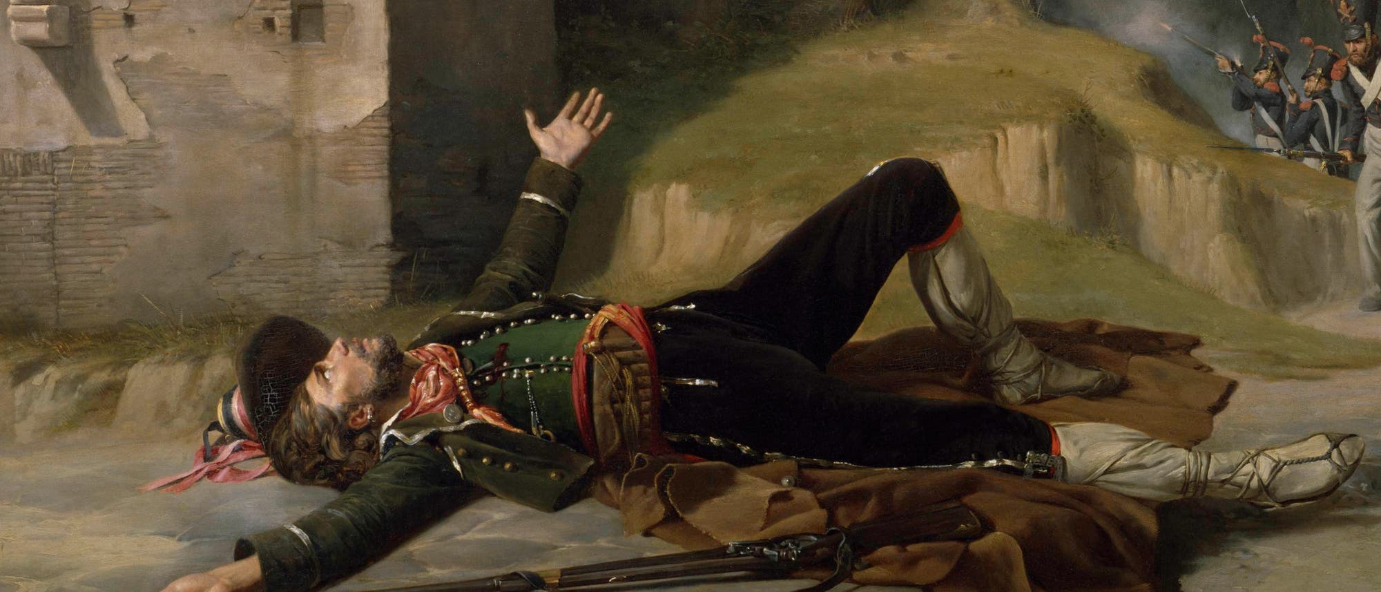 Sterbender Brigant, Ölgemälde aus dem Jahr 1824 von Guillaume Bodinier Sterbender Brigant, Ölgemälde aus dem Jahr 1824 von Guillaume Bodinier