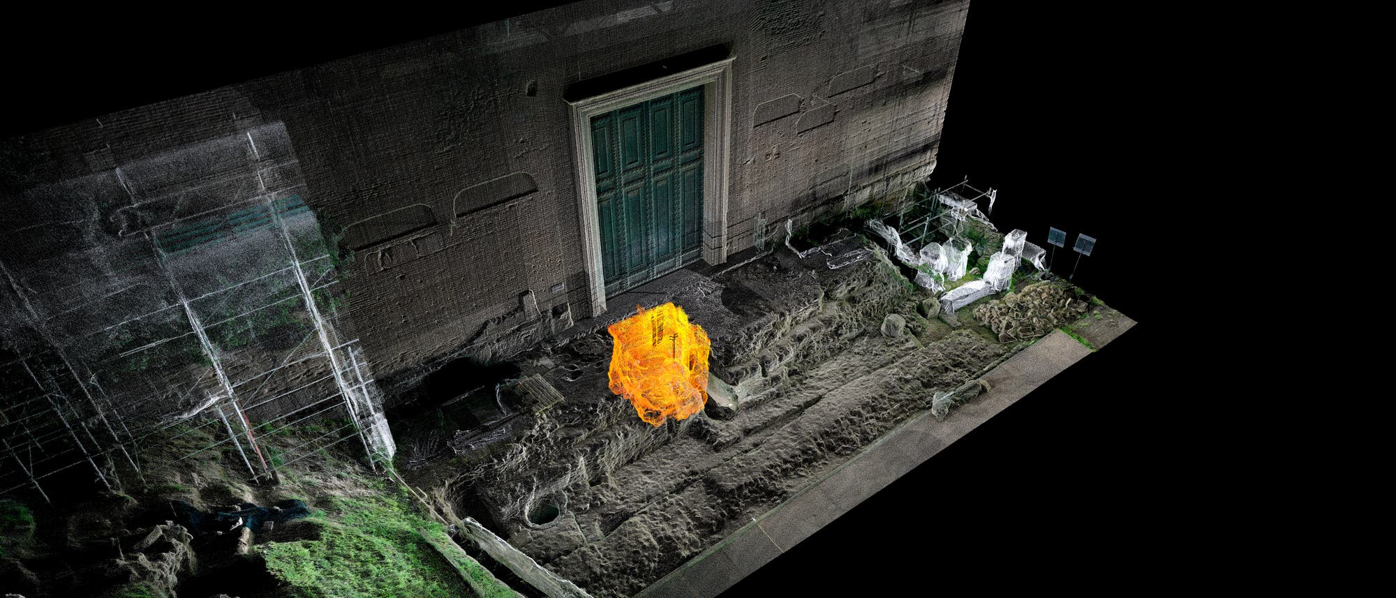 Laserscan des unterirdischen »Grab des Romulus« (gelb) und seiner Umgebung an der Curia Iulia Laserscan des unterirdischen »Grab des Romulus« (gelb) und seiner Umgebung an der Curia Iulia