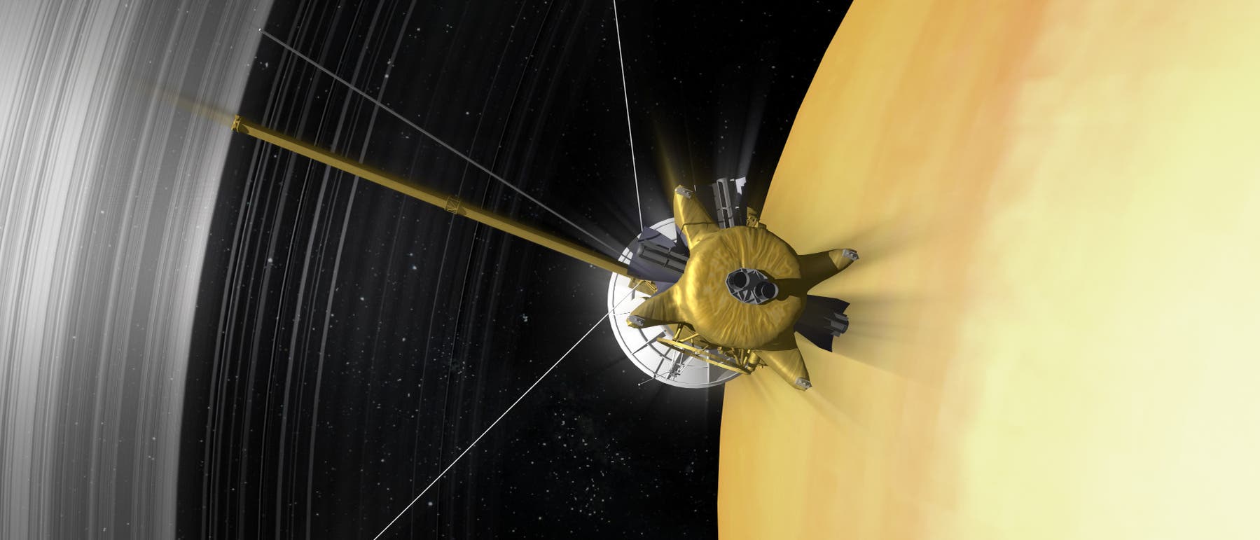Cassini durchdringt die Lücke zwischen D-Ring und Saturnatmosphäre (künstlerische Darstellung) Cassini durchdringt die Lücke zwischen D-Ring und Saturnatmosphäre (künstlerische Darstellung)