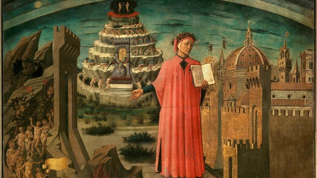Dante vor den drei Reichen des Jenseits. Fresko von Domenico di Michelino aus dem Jahr 1465.