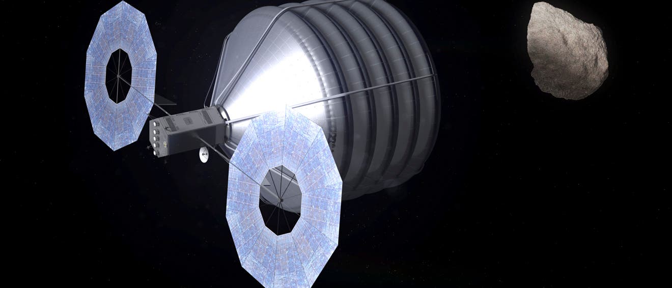 Einfangsonde nimmt Kurs auf Kleinasteroid (Computergrafik) Einfangsonde nimmt Kurs auf Kleinasteroid (Computergrafik)