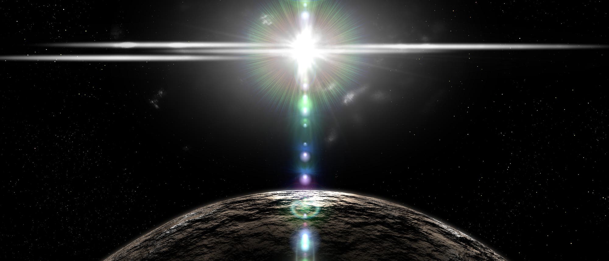 Ein sehr heller Fleck am Himmel über der Sichel eines düsteren Gesteinsplaneten Ein sehr heller Fleck am Himmel über der Sichel eines düsteren Gesteinsplaneten