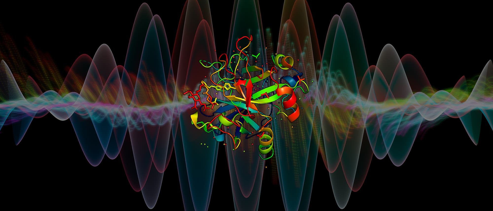 Struktur eines Proteins, das ein Wellenmuster überlagert Struktur eines Proteins, das ein Wellenmuster überlagert