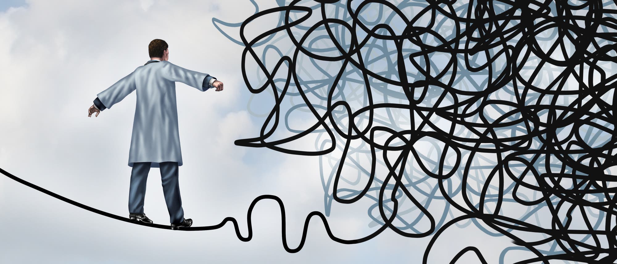 Ein Wissenschaftler balanciert auf einem Drahtseil, das in einem unentwirrbaren Chaos zu enden scheint. Mit anderen Worten: Ein Doktorand. Ein Wissenschaftler balanciert auf einem Drahtseil, das in einem unentwirrbaren Chaos zu enden scheint. Mit anderen Worten: Ein Doktorand.