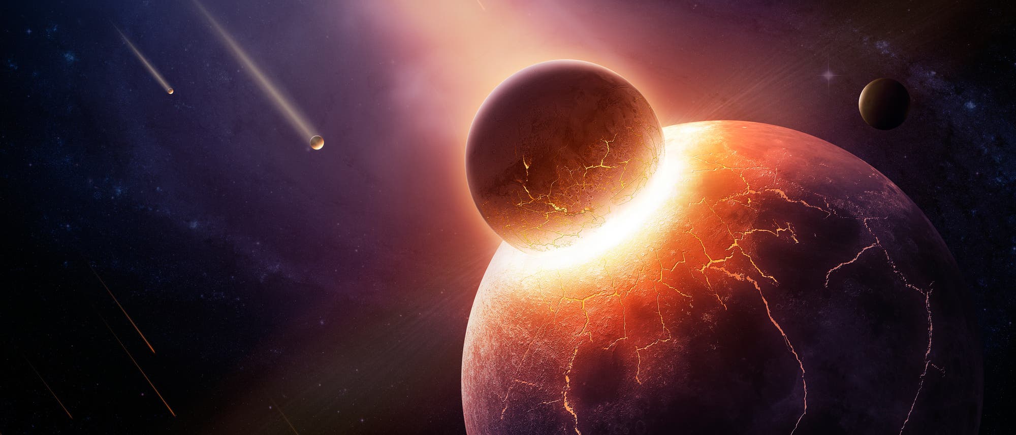 Künstlerische Darstellung der Kollision eines Planeten mit einem deutlich kleineren Planetoiden. Künstlerische Darstellung der Kollision eines Planeten mit einem deutlich kleineren Planetoiden.