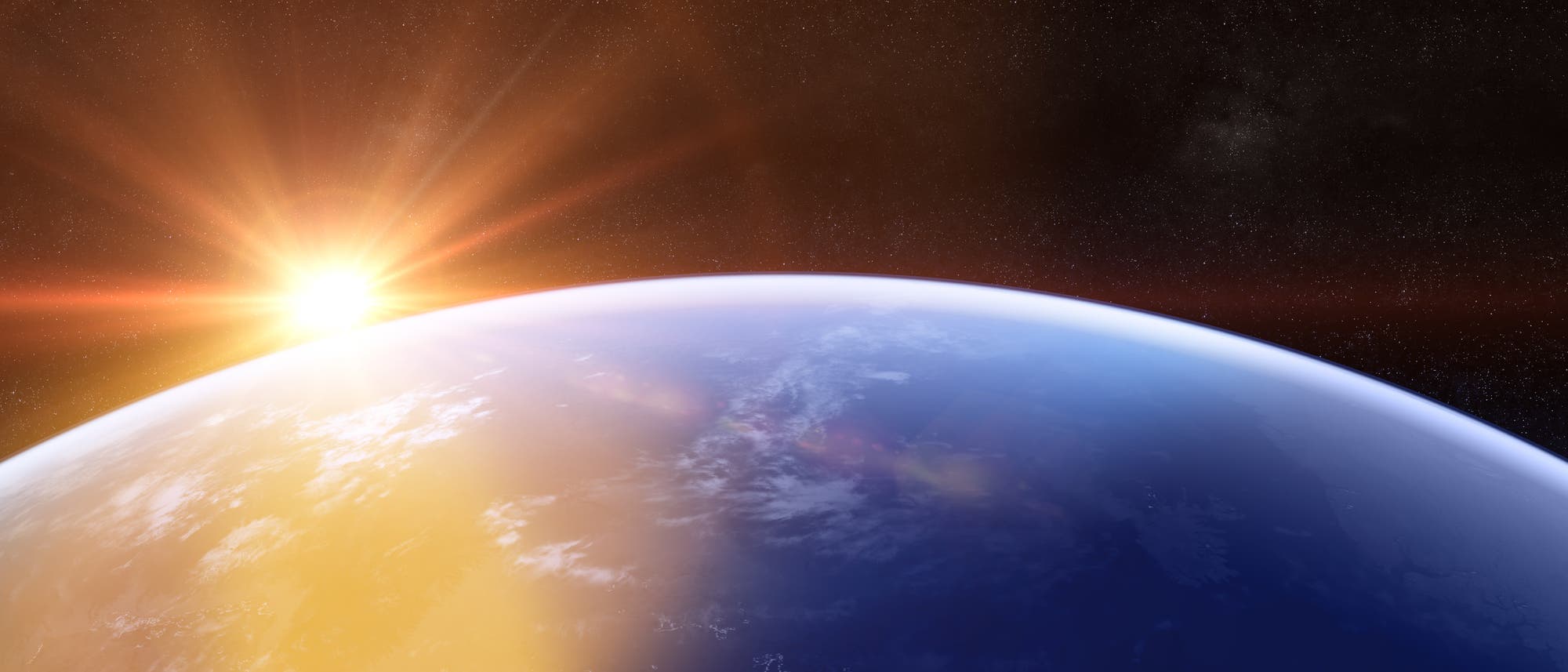 Sonnenaufgang aus dem All über dem vom Ozean eingenommenen Horizont. Sonnenaufgang aus dem All über dem vom Ozean eingenommenen Horizont.