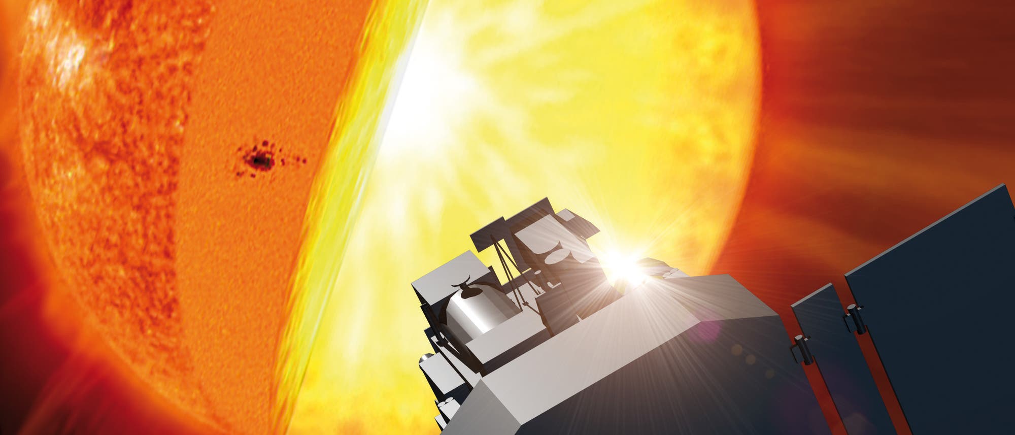 Der Sonnensatellit SOHO vor der Sonne (künstlerische Darstellung) Der Sonnensatellit SOHO vor der Sonne (künstlerische Darstellung)