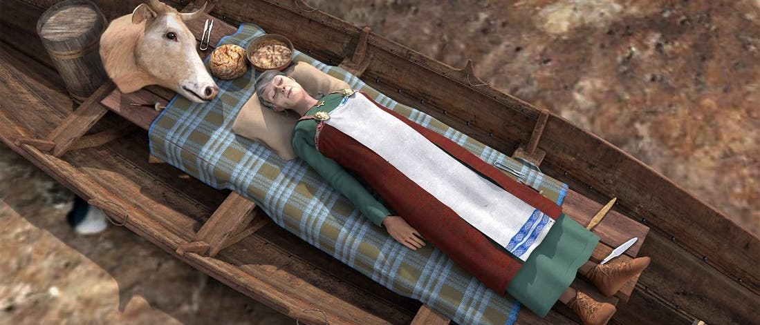 Rekonstruktion der Wikingerin von Vinjeøra in ihrem Schiffsgrab. Unter ihr lag noch ein weiterer Toter in einem Boot. Rekonstruktion der Wikingerin von Vinjeøra in ihrem Schiffsgrab. Unter ihr lag noch ein weiterer Toter in einem Boot.