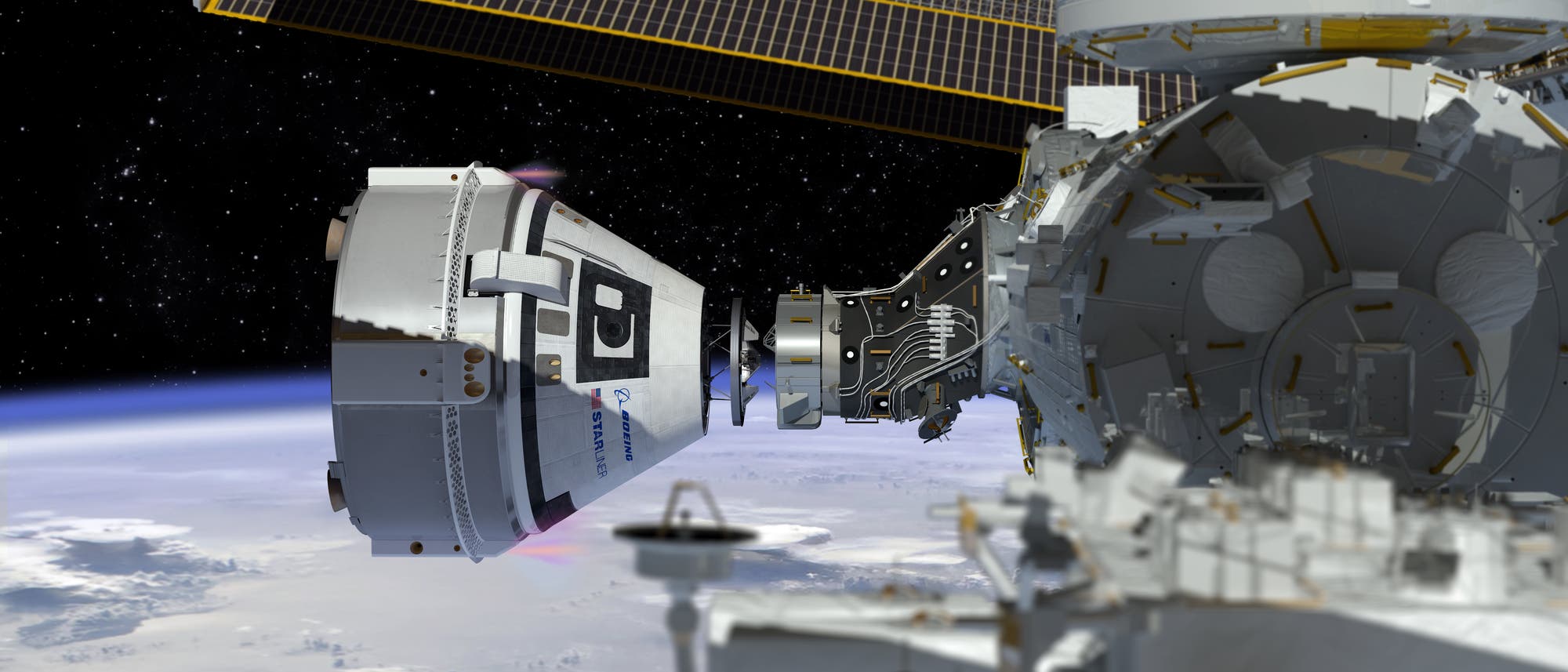 Boeing CST-100 Starliner dockt an ISS an (künstlerische Darstellung) Boeing CST-100 Starliner dockt an ISS an (künstlerische Darstellung)