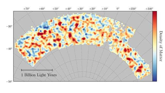 Der Dark Energy Survey (DES) hat in einem großen Abschnitt des südlichen Sternenhimmels bestimmt, wie stark sich die Materie in gewissen Regionen sammelt. Die Messungen liefern Hinweise auf das Wechselspiel von Dunkler Materie und Dunkler Energie: Letztere treibt Galaxien auf großen Skalen auseinander, während Dunkle Materie anziehend wirkt und so lokale Anhäufungen verstärkt.