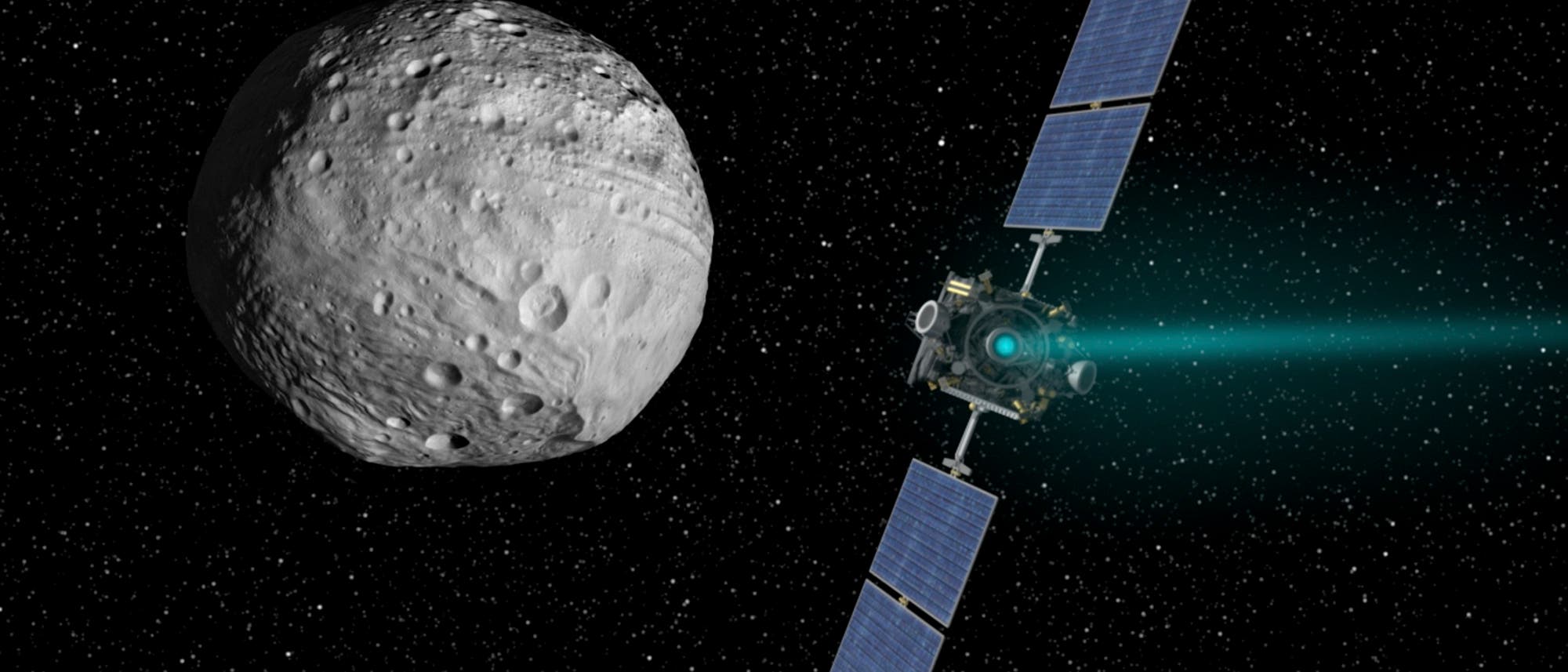 Künstlerische Darstellung der NASA-Raumsonde Dawn vor dem Asteroiden Vesta Künstlerische Darstellung der NASA-Raumsonde Dawn vor dem Asteroiden Vesta