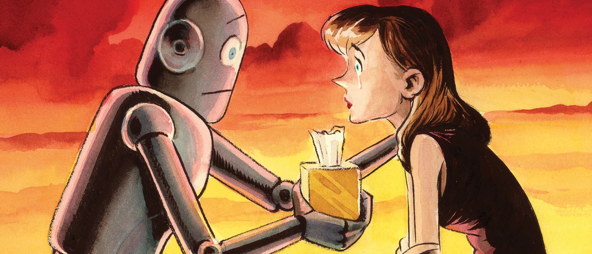 Frau weint, Roboter bietet Taschentuch an Frau weint, Roboter bietet Taschentuch an