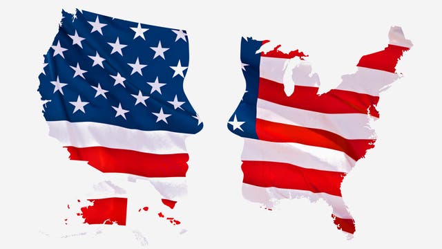 Mashup aus den Köpfen von Trump & Clinton, der US-Fahne und der Karte der USA