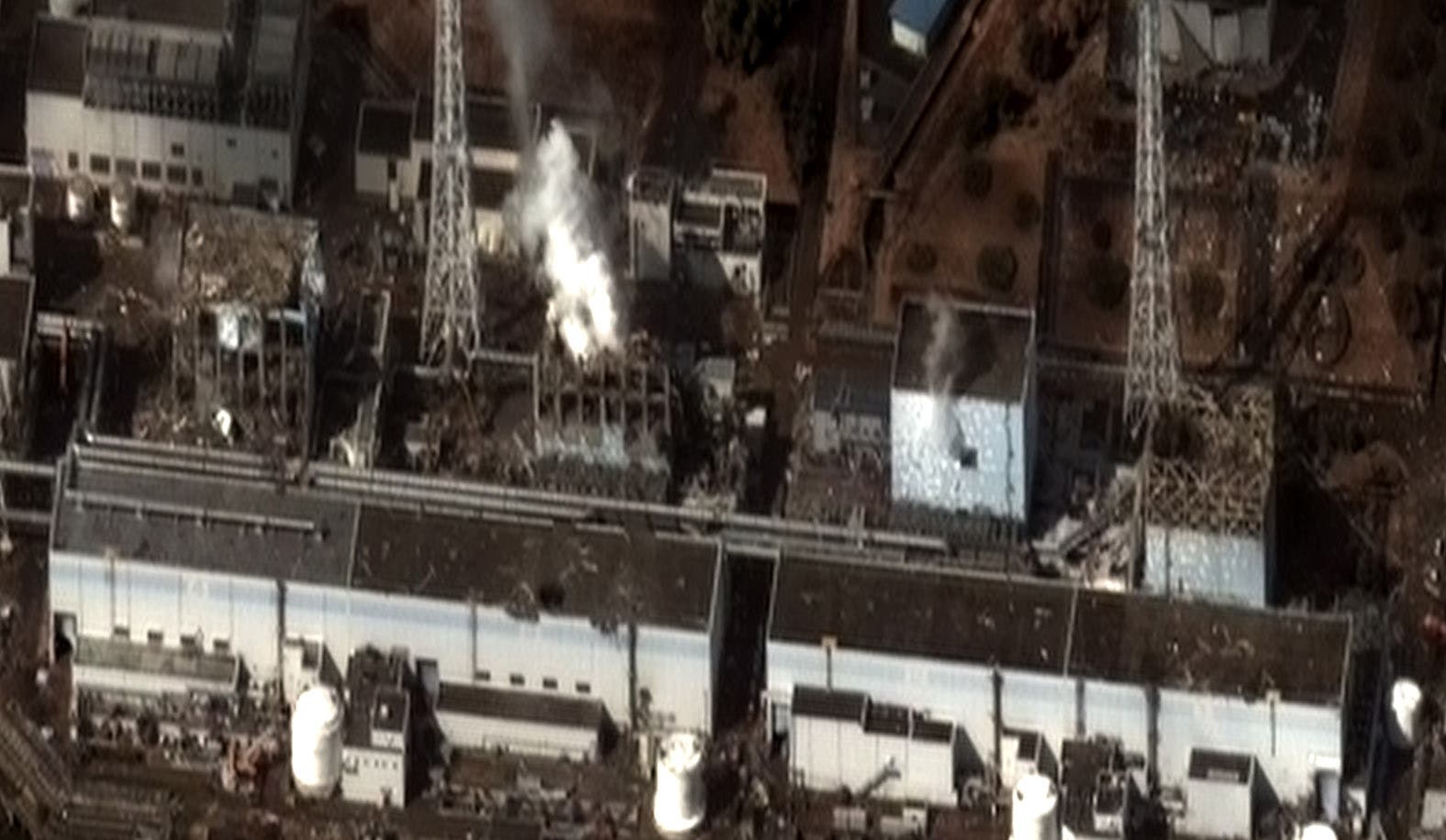 Reaktorblöcke des Kernkraftwerks Fukushima nach der Katastrophe.