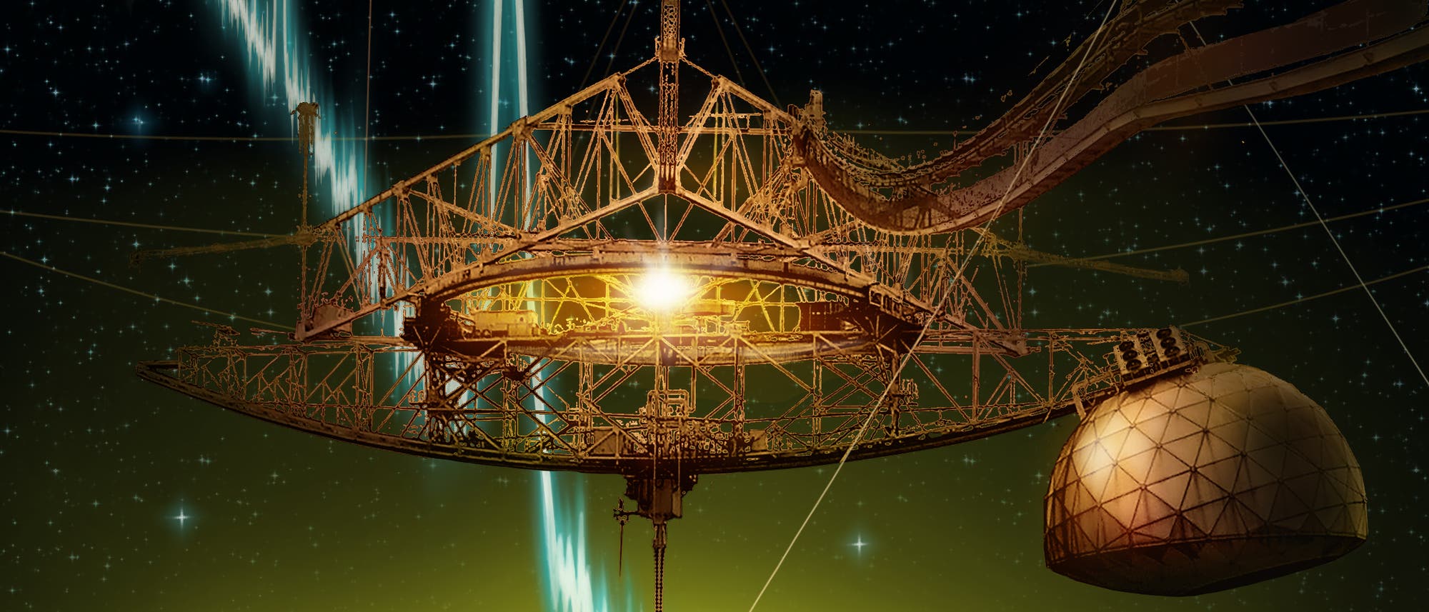 Das 305-Meter-Radioteleskop von Arecibo (überlagert mit dem Spektrum eines schnellen Radioausbruchs) Das 305-Meter-Radioteleskop von Arecibo (überlagert mit dem Spektrum eines schnellen Radioausbruchs)