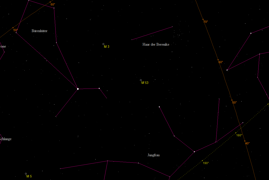 Aufsuchkarte für die Kugelsternhaufen Messier 3, Messier 53 und Messier 5