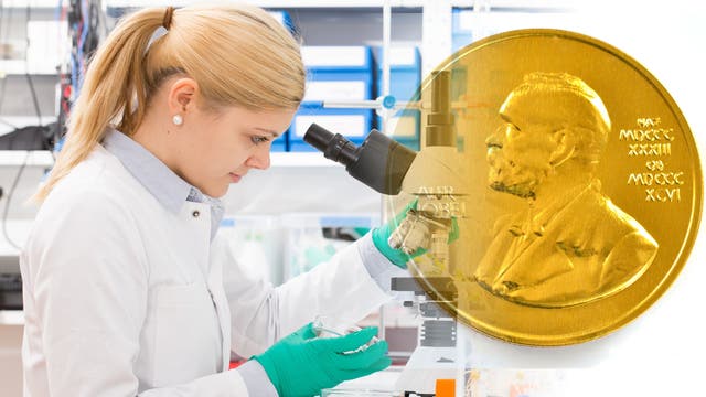Wissenschaftlerin im Labor kombiniert mit Nobel-Medaille