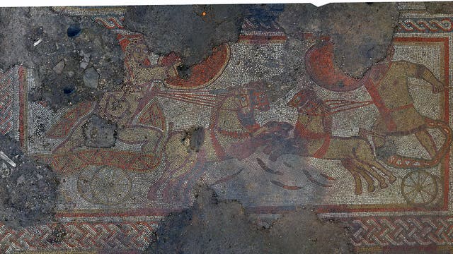 Römisches Mosaik in Rutland mit einer mythischen Kampfszene. Der Bodenbelag entstand zwischen dem 3. und 4. Jahrhundert.