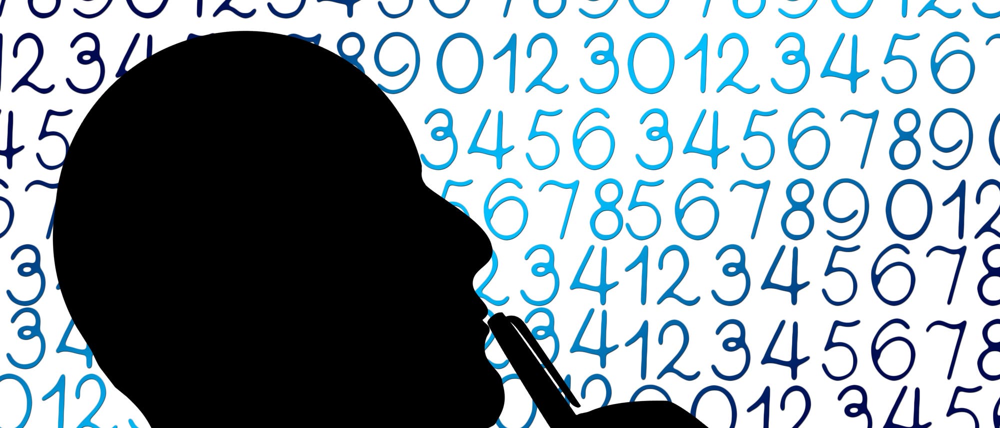 Kopf eines Mannes als Silhouette, der sich einen Stift an den Mund hält, vor einem Zahlen-Hintergrund Kopf eines Mannes als Silhouette, der sich einen Stift an den Mund hält, vor einem Zahlen-Hintergrund